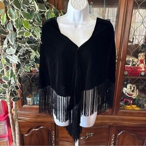 Black Velvet Ann Taylor Loft Whimsigoth Witchy Fringe Triangle Shawl Scarf Silk